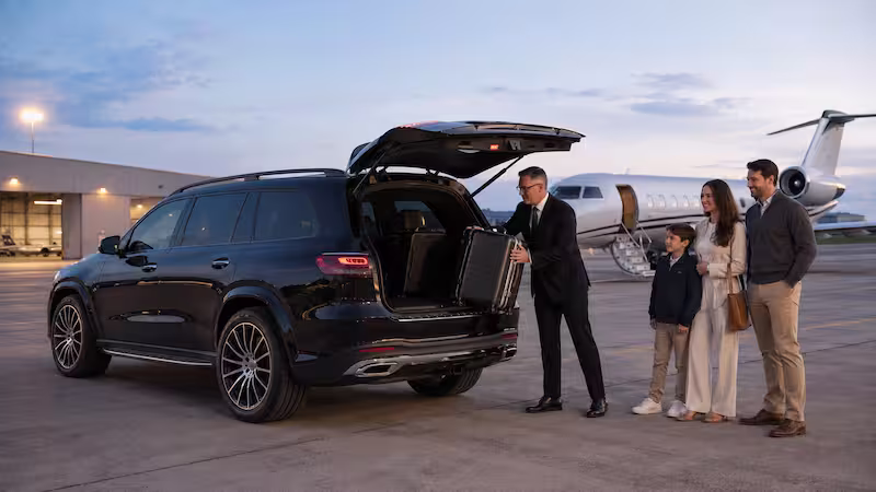 Noble InMotion GLS 580 at DFW FBO private terminal, Dallas luxury chauffeur service