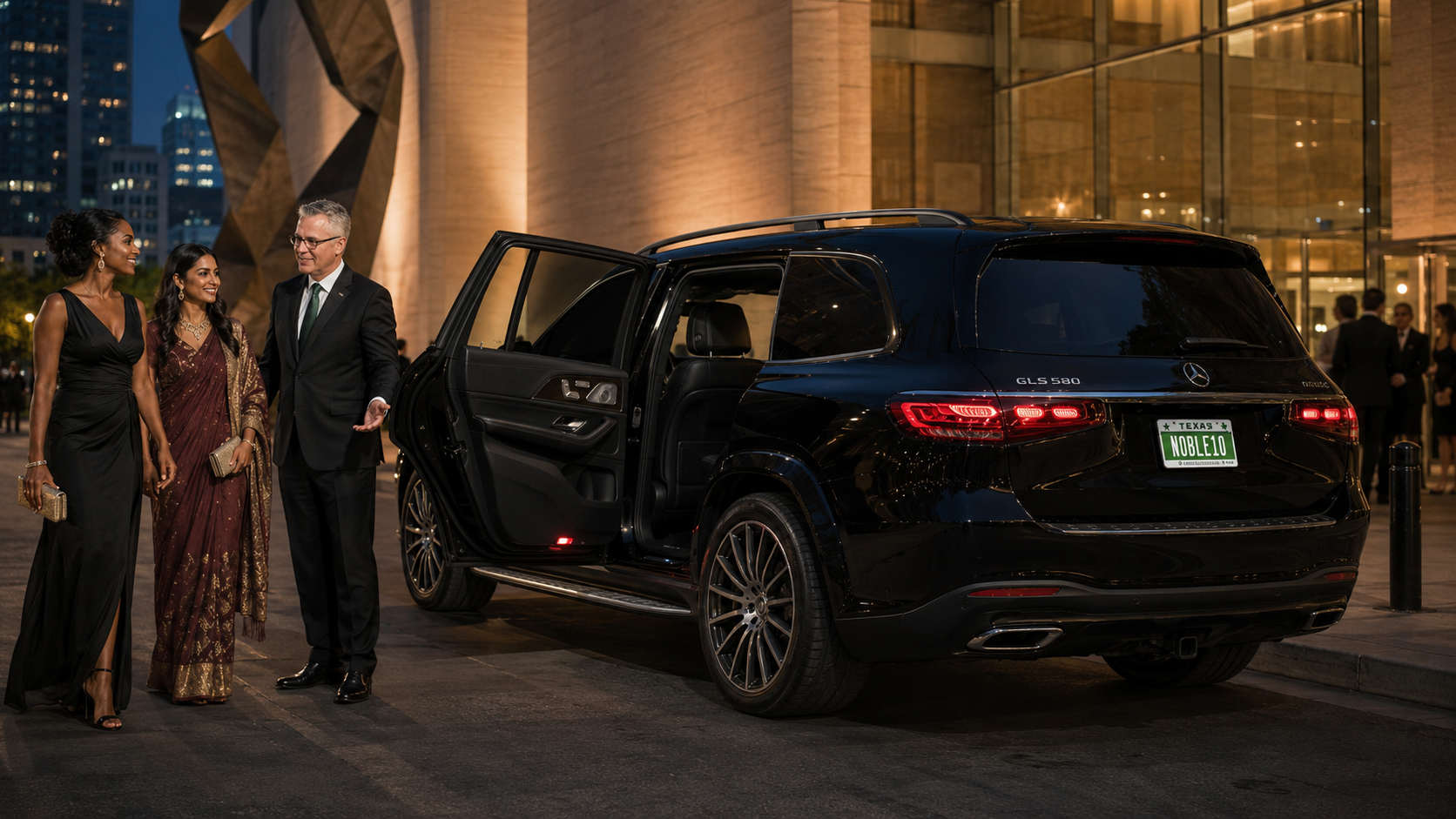 Noble InMotion GLS 580 at private event venue, luxury event transportation Dallas