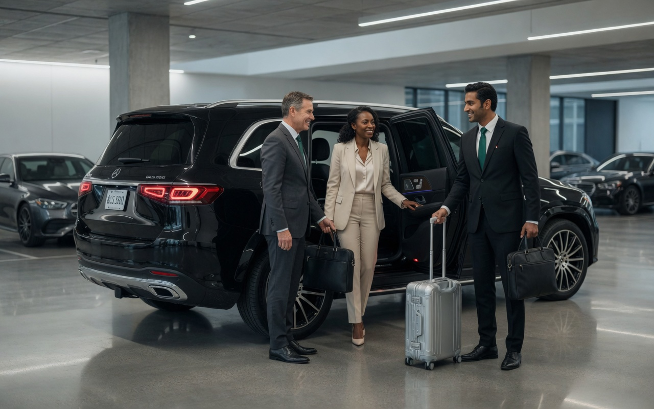 Noble InMotion chauffeur greeting executive clients at the Mercedes-Benz GLS 580 in a private parking facility, Dallas-Fort Worth
